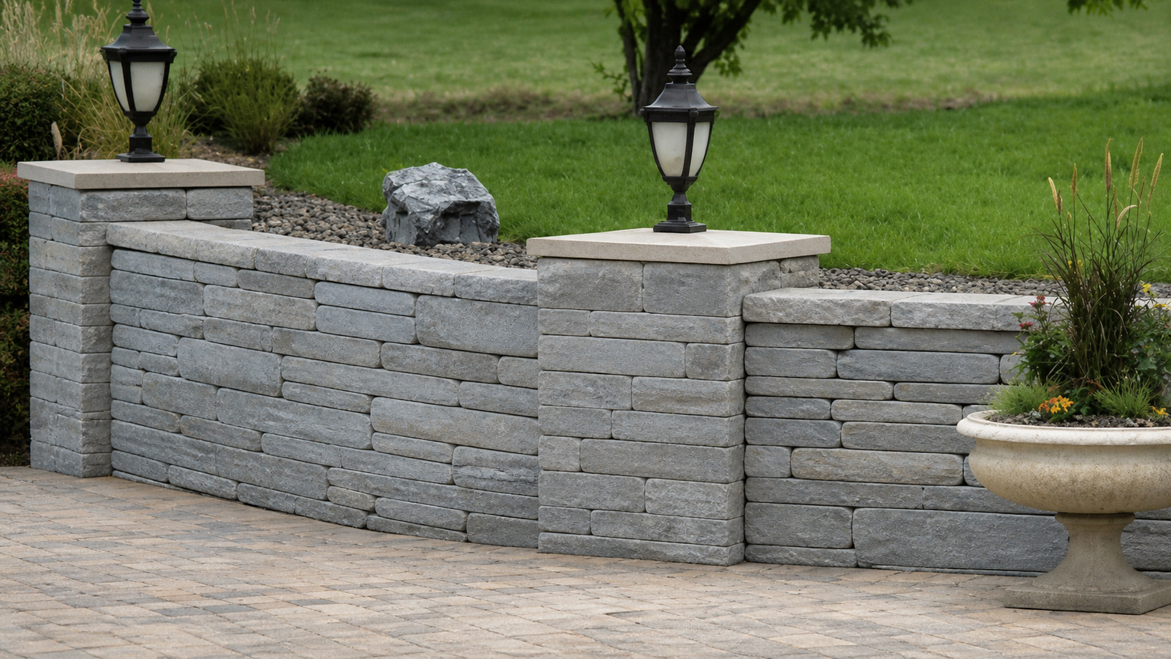 Tumbled natural split cut wall blocks installed wall